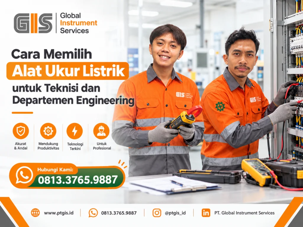 Teknisi menggunakan alat ukur listrik untuk memeriksa panel dan instalasi kelistrikan industri.