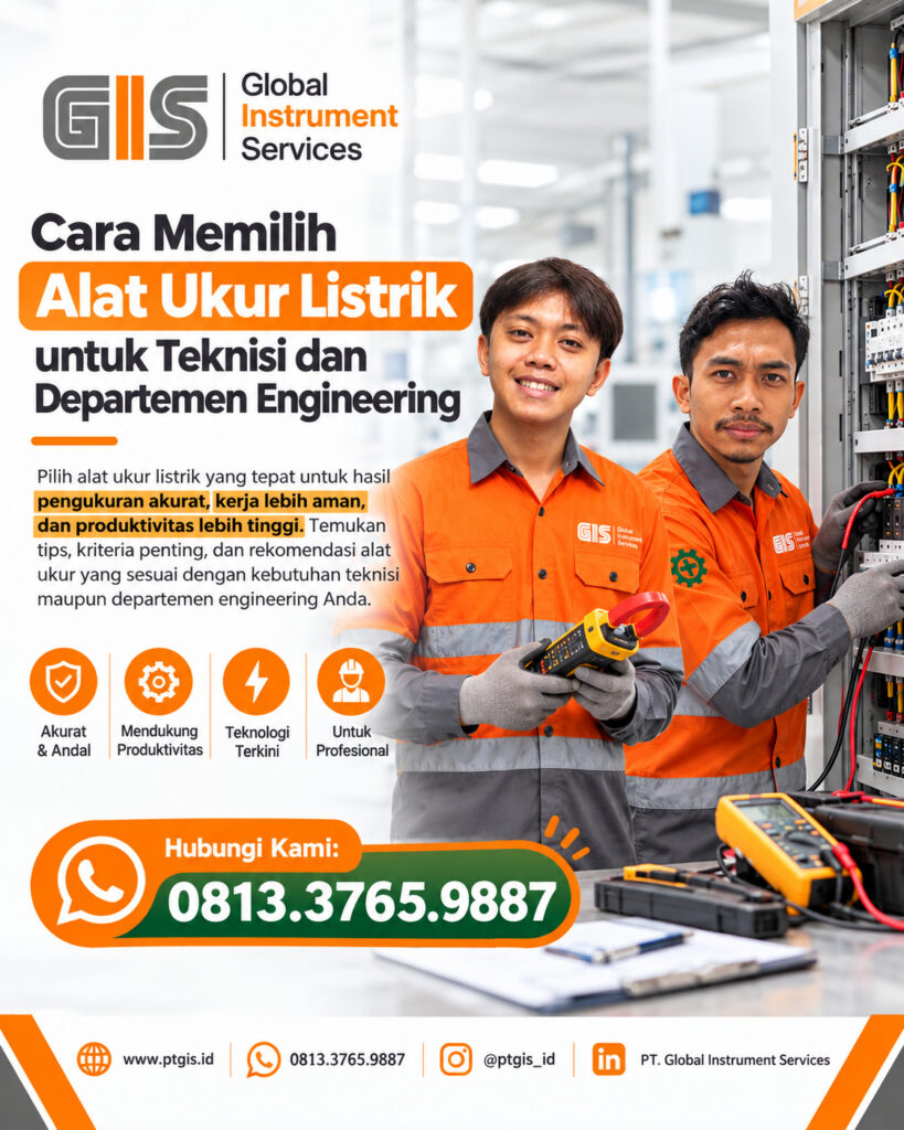 Teknisi menggunakan alat ukur listrik untuk memeriksa panel dan instalasi kelistrikan industri.