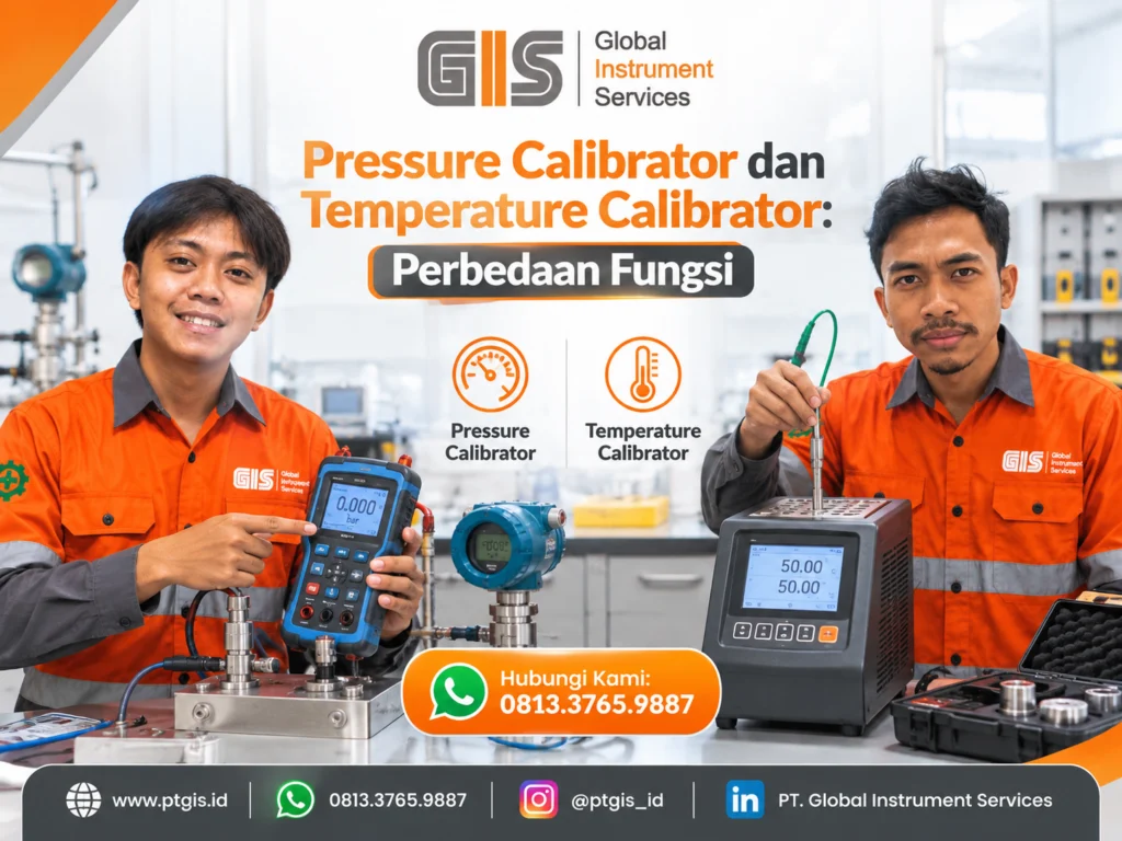 Teknisi instrumentasi menggunakan pressure calibrator untuk memeriksa instrumen tekanan industri