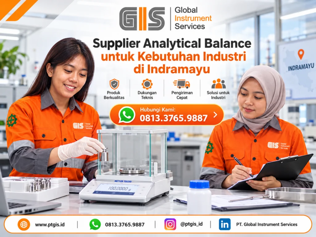 # Supplier Analytical Balance untuk Kebutuhan Industri di Indramayu

Perusahaan yang membutuhkan hasil penimbangan dengan keterbacaan tinggi perlu memilih analytical balance sesuai karakteristik sampel dan persyaratan proses. Instrumen ini digunakan di laboratorium, bagian quality control (QC), serta berbagai kegiatan pengujian yang membutuhkan pengukuran massa secara teliti.

Bagi perusahaan di Indramayu, mencari supplier analytical balance bukan hanya tentang mendapatkan alat timbang. Pemilihan juga perlu mempertimbangkan kapasitas, readability, repeatability, kondisi lingkungan, dan dokumentasi kalibrasi agar instrumen sesuai dengan kebutuhan operasional.

PT Global Instrument Service (PT GIS) dapat dihubungi untuk menanyakan pilihan produk analytical balance dan informasi pengadaan yang sesuai dengan kebutuhan perusahaan. Model, merek, spesifikasi, harga, serta ketersediaan perlu dikonfirmasi sebelum melakukan pemesanan.

## Mengenal Analytical Balance atau Timbangan Analitik

Analytical balance adalah instrumen penimbangan yang dirancang untuk mengukur massa sampel dengan keterbacaan tinggi. Instrumen ini umumnya memiliki pelindung ruang timbang (*draft shield*) untuk mengurangi pengaruh aliran udara terhadap hasil pengukuran.

Timbangan analitik banyak digunakan ketika perbedaan massa yang kecil dapat memengaruhi hasil analisis, komposisi formulasi, atau keputusan pengendalian mutu.

Berbeda dari timbangan industri berkapasitas besar yang digunakan untuk menimbang material dalam jumlah banyak, analytical balance umumnya ditujukan untuk sampel dengan massa lebih kecil dan kebutuhan pengukuran yang lebih teliti.

Sebagai gambaran umum, keterbacaan 0,1 mg setara dengan 0,0001 gram. Namun, jumlah angka desimal yang ditampilkan bukan satu-satunya indikator kinerja. Kapasitas, repeatability, kondisi penggunaan, dan ketidakpastian pengukuran juga perlu dipertimbangkan.

## Fungsi dan Manfaat Analytical Balance untuk Industri

Penggunaan analytical balance dapat membantu perusahaan menjalankan proses penimbangan yang membutuhkan kontrol massa lebih teliti.

### 1. Menimbang bahan dan sampel laboratorium

Instrumen digunakan untuk menimbang bahan baku, bahan kimia, serbuk, atau sampel uji sesuai prosedur laboratorium. Pemilihan kapasitas dan keterbacaan harus disesuaikan dengan massa sampel yang akan diukur.

### 2. Mendukung quality control

Dalam kegiatan QC, hasil penimbangan dapat menjadi bagian dari pemeriksaan bahan baku, pengujian produk, atau evaluasi konsistensi proses. Keandalan hasil tetap bergantung pada kondisi instrumen, prosedur kerja, dan pengendalian mutu pengukuran.

### 3. Membantu preparasi sampel

Penimbangan merupakan tahap penting sebelum sejumlah pengujian kimia, analisis gravimetri, dan pembuatan larutan dengan komposisi tertentu. Kesalahan pada tahap ini dapat memengaruhi hasil pengujian berikutnya.

### 4. Mendukung dokumentasi pengukuran

Jika dilengkapi antarmuka komunikasi atau fungsi pencatatan yang sesuai, model tertentu dapat membantu pemindahan hasil timbang ke komputer atau sistem dokumentasi laboratorium. Kompatibilitas tersebut harus diperiksa pada datasheet model yang dipilih.

## Aplikasi Analytical Balance di Indramayu

Kebutuhan analytical balance di Indramayu dapat berasal dari perusahaan manufaktur, laboratorium pengujian, maupun unit pengendalian mutu. Aplikasi berikut merupakan contoh penggunaan yang relevan, bukan pernyataan bahwa perusahaan atau fasilitas tertentu di wilayah tersebut telah menggunakan produk ini.

- **Industri pangan:** menimbang bahan tambahan, sampel produk, atau bahan untuk pengujian mutu.
- **Industri kimia:** menimbang reagen dan menyiapkan sampel untuk analisis.
- **Laboratorium pengujian:** mengukur massa sampel untuk prosedur pengujian yang mensyaratkan keterbacaan tinggi.
- **Manufaktur:** memeriksa massa komponen atau bahan tertentu dalam proses kontrol kualitas.
- **Penelitian dan pengembangan:** menimbang bahan dalam formulasi, eksperimen, dan pengembangan produk.

Untuk setiap aplikasi, kebutuhan aktual harus dinilai terlebih dahulu. Tidak semua proses membutuhkan analytical balance; pada penimbangan yang lebih berat atau tidak memerlukan keterbacaan sangat tinggi, timbangan presisi atau timbangan industri mungkin lebih sesuai.

## Spesifikasi Analytical Balance yang Perlu Diperhatikan

Sebelum meminta penawaran dari supplier analytical balance, bandingkan parameter teknis berikut. Nilai spesifiknya harus diambil dari datasheet model yang benar, bukan dari spesifikasi timbangan lain.

| Parameter | Hal yang perlu diperiksa |
|---|---|
| Kapasitas maksimum | Massa terbesar yang perlu ditimbang, termasuk wadah |
| Readability | Perubahan massa terkecil yang dapat ditampilkan |
| Repeatability | Konsistensi hasil pada pengukuran berulang dalam kondisi yang ditentukan |
| Akurasi dan linearitas | Kesesuaian indikasi terhadap nilai acuan dan kinerja sepanjang rentang timbang |
| Beban minimum | Massa minimum yang layak digunakan sesuai persyaratan proses |
| Kalibrasi | Metode, prosedur, dan dokumentasi kalibrasi yang tersedia |
| Lingkungan kerja | Pengaruh getaran, aliran udara, suhu, kelembapan, dan listrik statis |
| Konektivitas | Antarmuka komunikasi dan kompatibilitas dengan sistem pencatatan |
| Aksesori | Draft shield, wadah timbang, anak timbangan, atau aksesori lain sesuai kebutuhan |

### Memahami readability dan repeatability

Readability menunjukkan perubahan massa terkecil yang ditampilkan oleh instrumen. Sebaliknya, repeatability menggambarkan seberapa konsisten hasil pengukuran berulang dalam kondisi pengujian yang ditentukan.

Keduanya tidak sama dengan akurasi. Timbangan yang menampilkan banyak angka desimal belum tentu memberikan hasil yang cukup andal untuk toleransi proses tertentu. Karena itu, spesifikasi perlu dinilai secara menyeluruh berdasarkan aplikasi.

## Cara Memilih Analytical Balance yang Sesuai

Berikut langkah praktis untuk menentukan produk sebelum melakukan pengadaan.

1. **Tentukan tujuan penimbangan.** Identifikasi jenis sampel, prosedur pengujian, rentang massa, dan toleransi yang dibutuhkan.
2. **Tentukan kapasitas dan readability.** Pastikan kapasitas mencukupi dan keterbacaan sesuai dengan persyaratan pengukuran.
3. **Evaluasi repeatability dan beban minimum.** Periksa apakah kinerja yang dinyatakan produsen sesuai dengan massa sampel yang digunakan.
4. **Periksa kondisi laboratorium.** Pilih lokasi kerja yang stabil dan minim getaran serta aliran udara. Pertimbangkan pengendalian listrik statis jika relevan.
5. **Periksa kebutuhan integrasi.** Jika data timbang perlu direkam secara digital, pastikan konektivitas dan kompatibilitasnya.
6. **Tentukan kebutuhan kalibrasi.** Periksa dokumentasi yang diperlukan, ketertelusuran pengukuran, serta interval pemeriksaan berdasarkan risiko dan prosedur mutu.
7. **Konfirmasikan penawaran.** Tanyakan model, datasheet, aksesori, harga, ketersediaan, garansi, dan ketentuan pengiriman kepada pemasok.

## Hal yang Perlu Diperhatikan Sebelum Membeli

Kesalahan yang umum terjadi dalam pengadaan analytical balance adalah memilih berdasarkan harga atau readability saja.

Pertama, jangan menyamakan resolusi tampilan dengan akurasi hasil. Kedua, jangan mengabaikan massa minimum sampel, karena ketidakpastian relatif dapat meningkat ketika massa yang ditimbang terlalu kecil.

Ketiga, perhatikan lokasi penempatan. Getaran meja, aliran udara, perubahan suhu, dan muatan elektrostatik dapat memengaruhi kestabilan pembacaan. Penggunaan yang benar dan perawatan rutin juga berperan penting dalam menjaga konsistensi pengukuran.

Terakhir, pastikan dokumen yang dibutuhkan tersedia. Untuk proses yang diaudit atau diatur oleh standar tertentu, tanyakan mengenai sertifikat kalibrasi, identitas alat, ketertelusuran, dan kesesuaian prosedur dengan persyaratan perusahaan.

## Konsultasi Supplier Analytical Balance untuk Kebutuhan Industri di Indramayu

Perusahaan yang mencari supplier analytical balance di Indramayu sebaiknya menyiapkan informasi aplikasi sebelum meminta penawaran. Informasi tersebut membantu pemasok memahami kebutuhan teknis dan mengurangi risiko memilih model yang tidak sesuai.

PT Global Instrument Service (PT GIS) dapat dihubungi untuk menanyakan pilihan produk dan informasi pengadaan. Detail mengenai merek, model, spesifikasi, harga, stok, garansi, pengiriman ke Indramayu, dan dukungan setelah pembelian perlu dikonfirmasi secara langsung.

Saat berkonsultasi, siapkan informasi berikut:

- Jenis industri dan tujuan penggunaan.
- Jenis sampel serta kisaran massa yang ditimbang.
- Kapasitas dan readability yang dibutuhkan.
- Persyaratan repeatability atau toleransi pengukuran.
- Kondisi lingkungan tempat alat akan digunakan.
- Kebutuhan konektivitas, aksesori, dan dokumentasi kalibrasi.
- Target waktu pengadaan dan anggaran jika sudah ditentukan.

Dengan informasi tersebut, calon pembeli dapat membandingkan penawaran berdasarkan kesesuaian teknis, bukan hanya harga awal.

## Kesimpulan

Memilih analytical balance untuk kebutuhan industri di Indramayu memerlukan penilaian terhadap kapasitas, readability, repeatability, beban minimum, kondisi lingkungan, serta kebutuhan kalibrasi. Parameter tersebut perlu dicocokkan dengan aplikasi agar instrumen yang dipilih mendukung proses penimbangan secara tepat.

Sebelum membeli, mintalah datasheet model yang ditawarkan dan konfirmasikan harga, ketersediaan, aksesori, garansi, serta ketentuan pengiriman. Hubungi PT GIS untuk menanyakan pilihan analytical balance yang dapat dipertimbangkan sesuai kebutuhan perusahaan Anda.

## Konsultasikan Kebutuhan Analytical Balance melalui WhatsApp

Ingin menanyakan pilihan analytical balance untuk laboratorium, manufaktur, atau quality control di Indramayu?

**Hubungi PT Global Instrument Service melalui WhatsApp** untuk menyampaikan kebutuhan teknis dan meminta informasi produk.

[**Konsultasi Analytical Balance dengan PT GIS melalui WhatsApp**](https://wa.me/6281337659887?text=Halo%20PT%20Global%20Instrument%20Service.%20Saya%20dapat%20informasi%20dari%20website%2C%20ingin%20konsultasi%20terkait%20layanan%20dan%20produk%2C%20Mohon%20informasinya.)

Sampaikan jenis sampel, kapasitas yang dibutuhkan, readability, dan lokasi penggunaan agar pertanyaan Anda dapat ditindaklanjuti dengan lebih jelas.